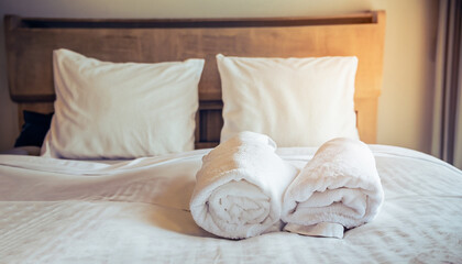 Fototapeta na wymiar White towel on bed decoration in bedroom interior - Vintage light Filter