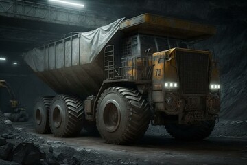 A dump truck in a coal mining facility. Extracted minerals are transported. Generative AI