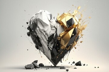 Abstract white background with a black and gold crystal heart. Generative AI