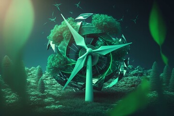 Green energy production with hologram wind turbine for a green ecological world. Abstract background of wind farm technology. 3D rendering. Generative AI