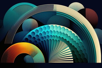 Blue geometric graphic background with color curves, multicolor school pattern, modern geometry half circles. Generative AI