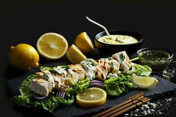 Grilled chicken kebab on lettuce with cheese, sauce on black surface, lemon wedges & garnish. Generative AI