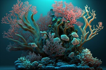 Fototapeta na wymiar Coral and algae aquarium reef created in Blender 3D software. Generative AI
