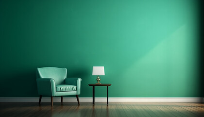 Empty room with green sofa and wall, 3d illustration, created with ai generative technology