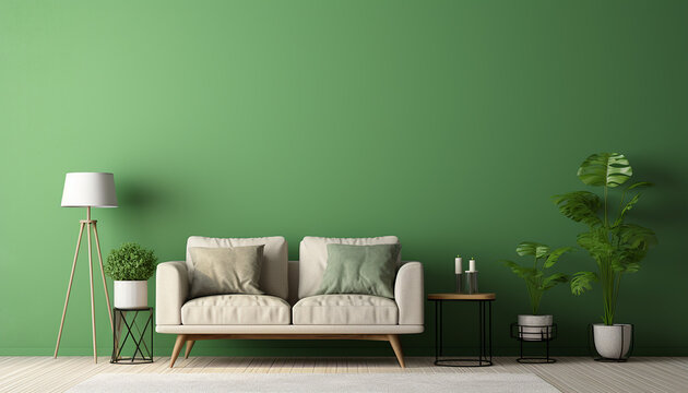 Modern living room, empty room with green wall, 3d illustration, created with ai generative technology