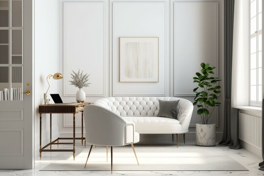 White living room with desk, armchair and space for text. Generative AI