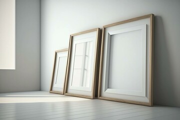Three wooden frames on floor against white wall. 3-frame mockup. 3D rendering. Generative AI