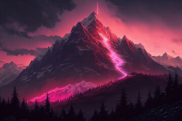 Mountain adorned by pink lights. Generative AI