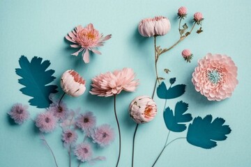 Creative display of pink flowers on pastel blue background. Generative AI