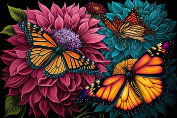 Monarch butterflies and chrysanthemums in vibrant colors. Generative AI