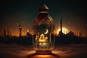 Eid lantern with mosque backdrop in the night. Generative AI