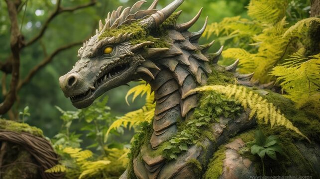A majestic dragon statue in a mystical forest