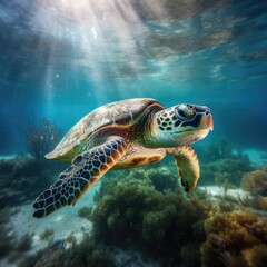 Naklejka na ściany i meble A majestic green turtle gracefully gliding through the crystal-clear ocean waters