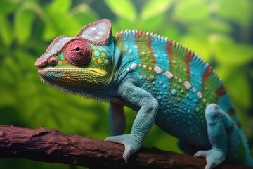 Obraz premium A vibrant chameleon perched on a branch, showcasing its stunning colors