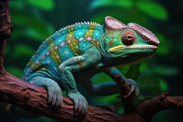 Obraz premium A chameleon perched on a branch in a zoo