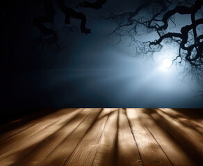 Empty wooden table with moonlight and intricate shadow from tree branches with Generative AI.