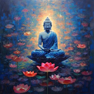 A serene Buddha seated on a lotus flower, radiating inner peace and tranquility