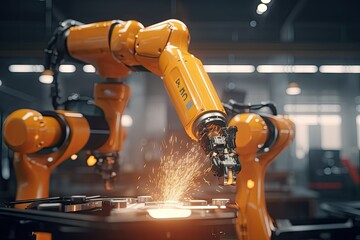 A robotic arm working with a piece of metal in a manufacturing plant