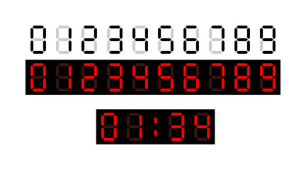 The illustration sets of digital numbers and examples of digital clocks