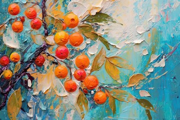 Tropical Harmony: Orange Fruits and Leaves on Blue (Generative AI)