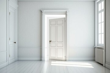 White room with empty wooden door. Generative AI