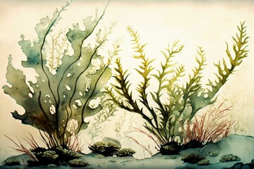 Artistic depiction of underwater laminaria plants using watercolor technique. Generative AI - obrazy, fototapety, plakaty