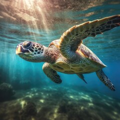 Fototapeta premium A green turtle gracefully swimming in the vibrant blue ocean waters