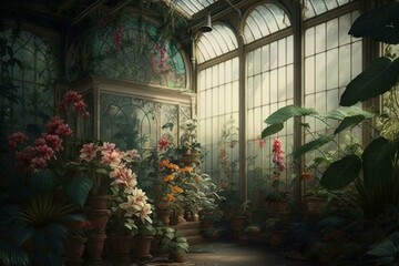 Fototapeta na wymiar Inside a Victorian greenhouse with exotic blooms. Generative AI