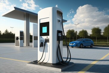 Electric vehicle charging at a station. Generative AI