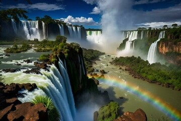 Breathtaking view of the Iguazu Falls from the Brazilian side in South America. Generative AI