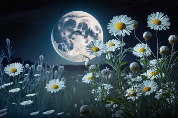 Scenic clear night sky with soft clouds, lovely daisies, and a stunning full moon in stunning HD quality. Generative AI