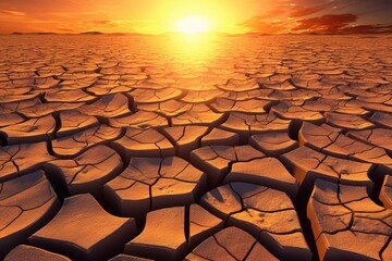 A dramatic sunset over a barren landscape with cracks in the ground