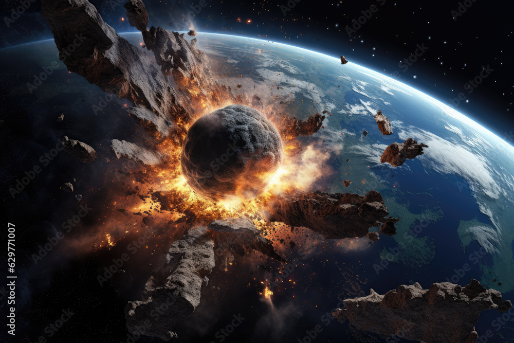 Wall mural view from space to the planet into which a huge meteorite crashes