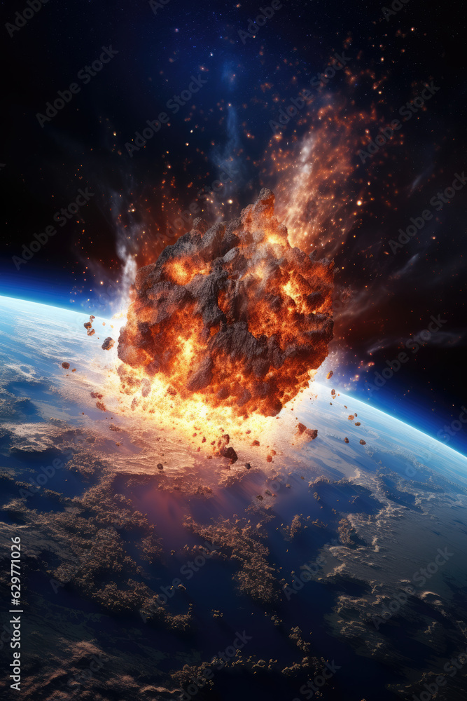 Wall mural view from space to the planet into which a huge meteorite crashes