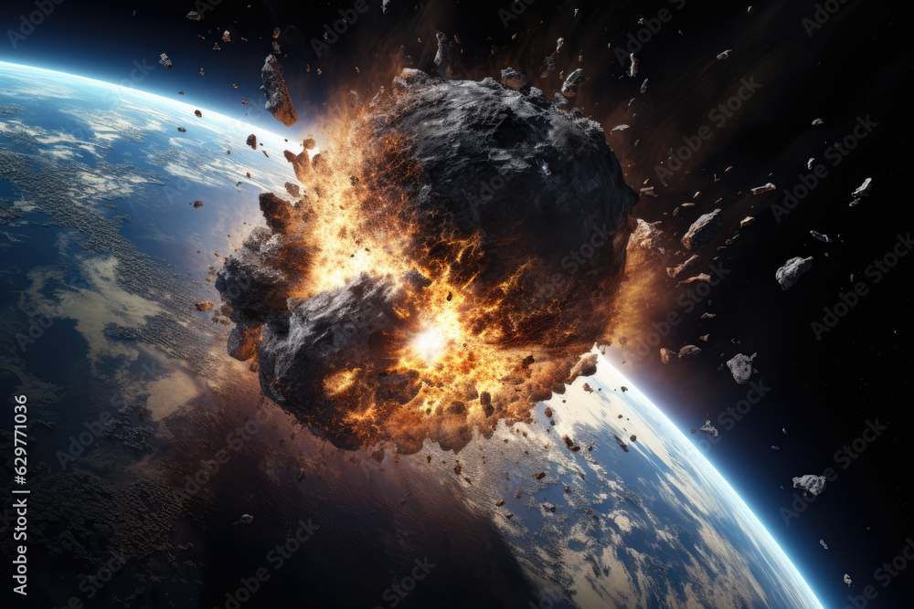 Wall mural view from space to the planet into which a huge meteorite crashes