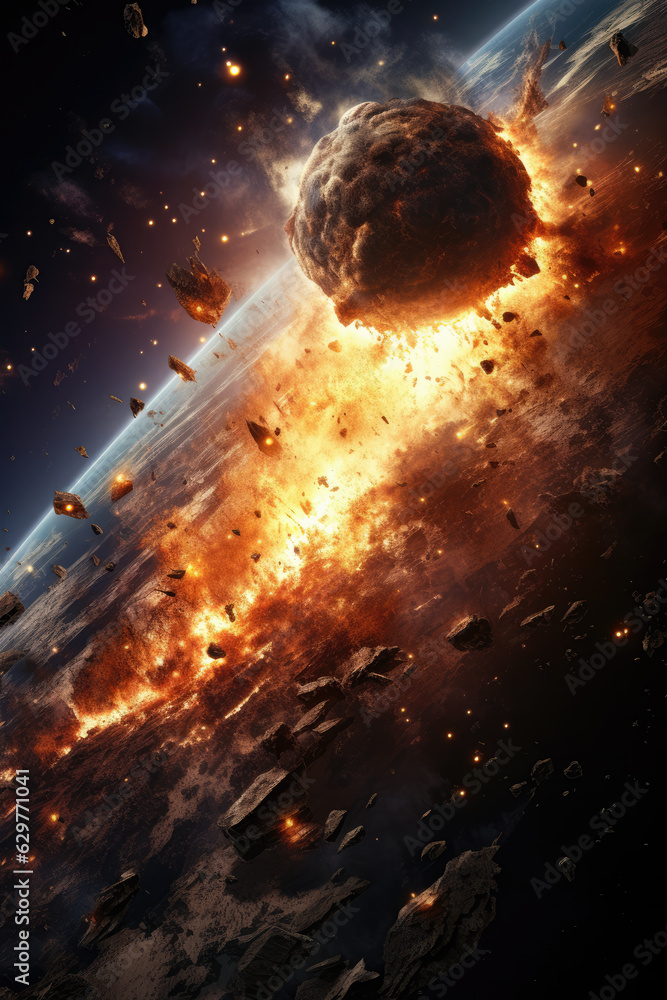 Wall mural view from space to the planet into which a huge meteorite crashes