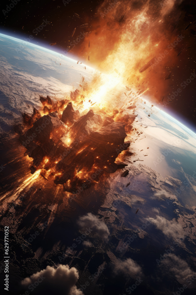 Wall mural view from space to the planet into which a huge meteorite crashes