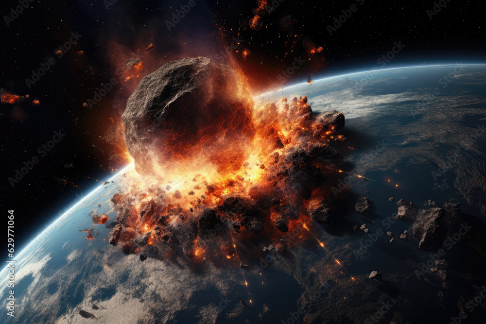 Wall mural view from space to the planet into which a huge meteorite crashes