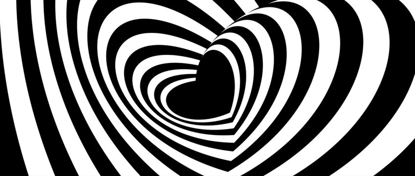 Hypnotic tunnel heart background. Black and white optical illusion pattern. Heart-shaped op art design for poster, banner, template. Vector abstract horizontal illustration wallpaper
