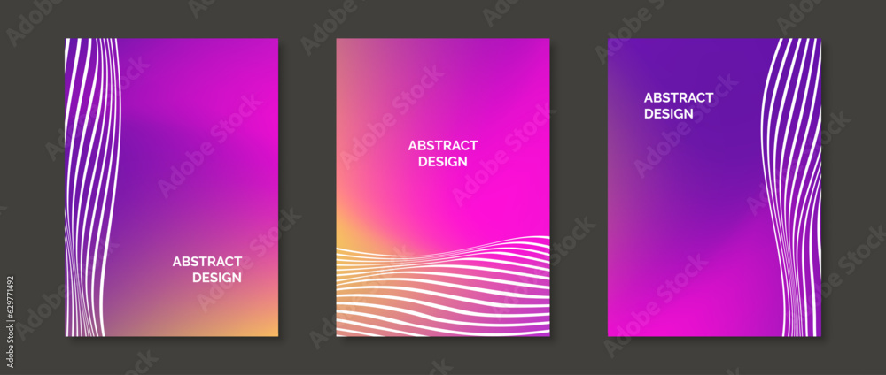 Poster Abstract gradient backgrounds with white wavy lines. Set of bright colorful design templates for posters, banners, brochures, flyers, covers. Fluid vivid pink magenta wallpaper pack. Vector 