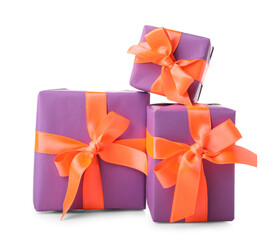 Beautiful gift boxes for Halloween on white background