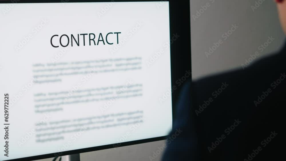 Poster businessman reading contract documents on computer screen in office
