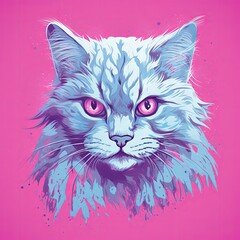 A vibrant and whimsical cat portrait on a pink canvas