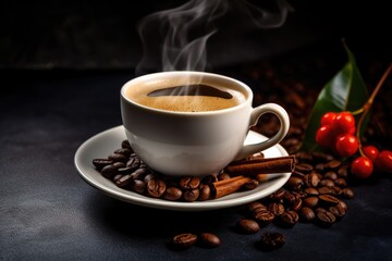 Fototapeta premium A cup of coffee surrounded by coffee beans on a saucer