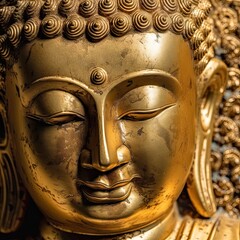 A close-up of a golden Buddha statue, radiating serenity and enlightenment