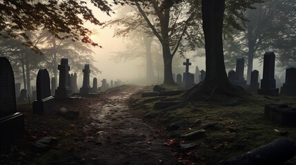 Path Through Forest Graveyard in the Fog, Misty Creepy Cemetery with Gravestones