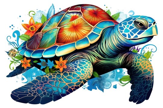 A colorful turtle with a floral design on its shell