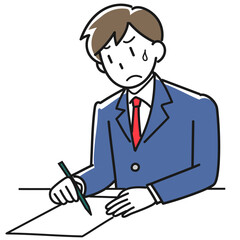 困った表情でテストを受ける男子学生のイラスト