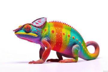 A rainbow-colored chameleon on a white surface