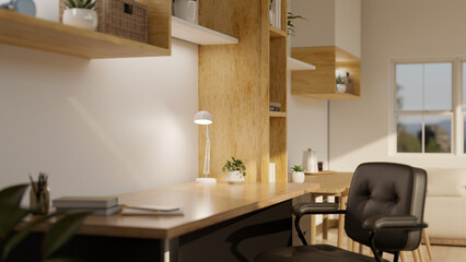 A wooden desk with decors in a modern minimalist apartment living room.